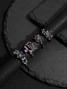 4pcs Dark Moody Vine Rose Flower Purple Rhinestone Rings, Layered Wrap-Around Bee Flower Ring Set For Women - Grey - View 2
