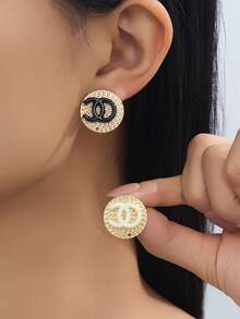 1 قطعة أقراط دائرية ذهبية معدنية مزدوجة الشكل الحرفي O، مجوهرات فاخرة هندسية للحفلات - أبيض - مشاهدة 1