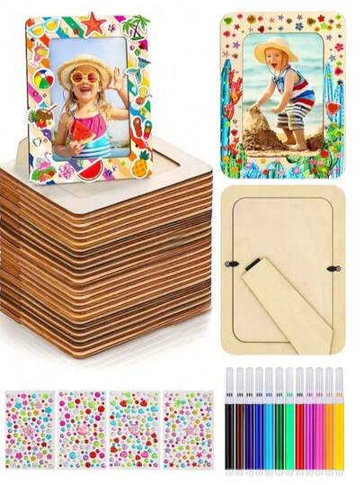 ערכת יצירה DIY של 17 מסגרות תמונה מעץ לא גמור, כולל עטים צבעוניים ומדבקות קריסטל עם יהלום, מתאים לקישוט מסגרות, פרויקטים אמנותיים בהתאמה אישית, תצוגה שולחנית, עיצוב הבית, תצוגת תמונות מותאמת אישית, מתנות לפרויקטים אמנותיים, יום הולדת וחגיגות סיום לימודים
