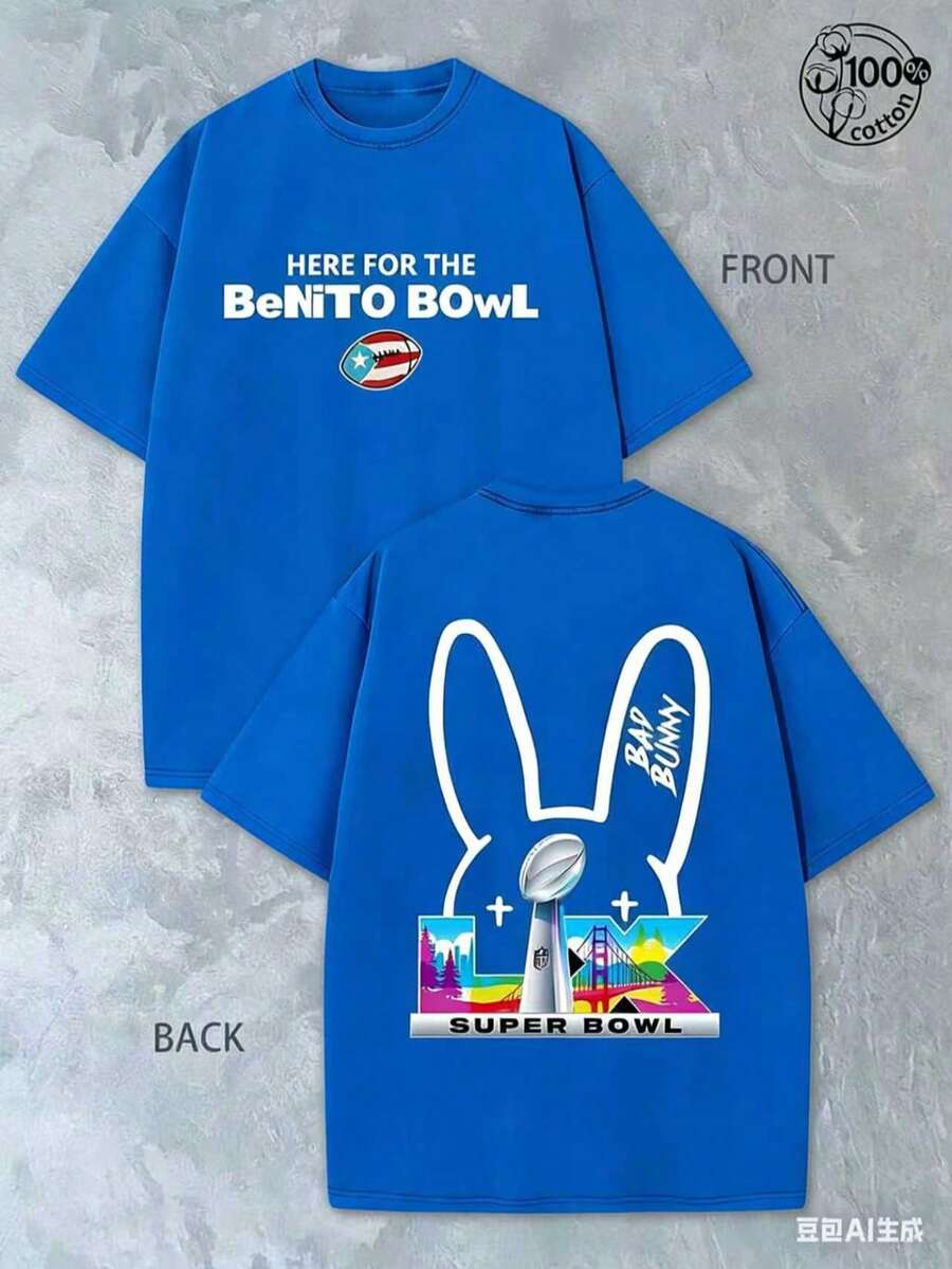 BadBunny Benito Bowl T Shirt,Retro Washed T-Shirt Double Sided Printed (230 Pure Cotton T-Shirt),Christian Gift, Men's T-Shirt, Men's Casual, Comfortable, Fashionable T-Shirt, Street Style Cottonwinter Clothes For Women ST Patrick' S Day - 藍色 - 查看 1