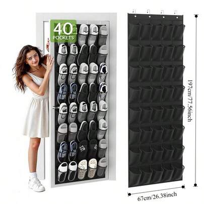40个装大网袋挂式鞋架，适用于衣柜、门后、玄关、卧室、宿舍等场所，黑色门后鞋架，带大网袋，可收纳男女鞋履和拖鞋，是返校季和课堂使用的理想之选。