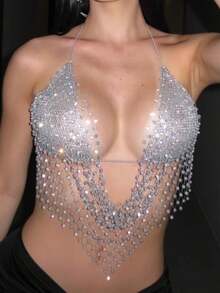 Women's Halter Tops Sleeveless Backless Reinstone Sparkly Glitter Bra Crop Shirt For Party Club Night - 白色 - 查看 4