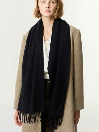 1pc Long Faux Cashmere Solid Color Polyester Scarf, Suitable For Spring, Autumn And Winter. 1pc Classic Herringbone Solid Color Wool Scarf With Tassels, Unisex, Fashionable Casual Windproof Warm Shawl, Comfortable Blanket Scarf, Suitable For Daily Wear