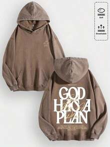 1pcsMen's Unisex "God Has His Plans - Faith Enlightenment" Printed Cotton Hoodie, Vintage Casual Fashion Daily Soft Warm Hoodie, Suitable For Streetwear And Spiritual Aesthetic Enthusiasts, Men's Winter Clothing - 棕色 - 查看 1