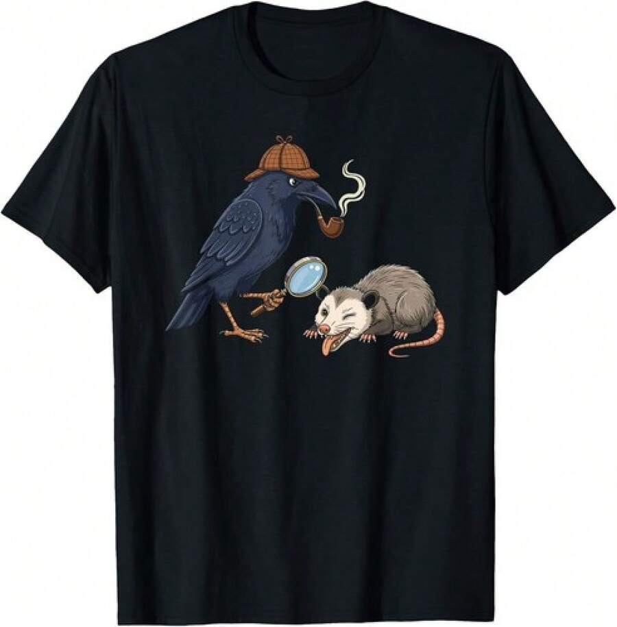 Camiseta de humor sobre la vida silvestre: Detective Cuervo y Opossum guiño fingen muerte - Blanco - Ver 1
