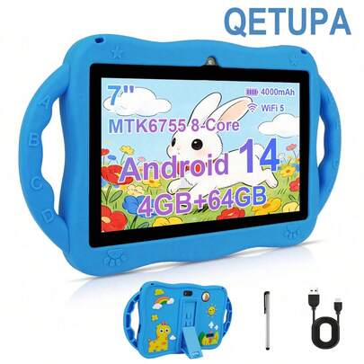  Qetupa 7英寸安卓14儿童平板电脑，鹿图案儿童平板电脑，早教平板电脑，带防震保护壳，MTK6755八核2.0GHz处理器，4GB RAM + 64GB ROM，1024*600 IPS触摸屏，0.5MP前置摄像头 + 2MP后置摄像头。