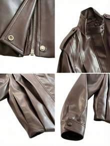 OUTTA BOX Áo khoác dáng ôm cổ đứng tối giản bằng da giả, áo khoác da giả màu trơn thời trang với cầu vai, trang phục ngoài trời thanh lịch cho mùa xuân. - Nâu sẫm - Xem 5