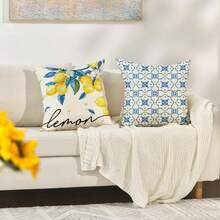 4PCS Lemon Spring And Summer Pillowcase, Blue Plaid Bamboo Summer Sofa Cushion Cover, Single-Sided Without Pillow Insert - Blue and Yellow - View 5