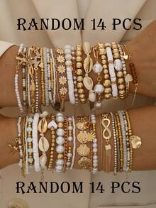 5件/10件/14件/21件装波西米亚风串珠手链套装，包含人造贝壳、珍珠、海星、花朵、蝴蝶、爱心等多种款式，适合女士佩戴，可用于约会、度假、日常佩戴、派对、周年纪念、节日礼物等场合。