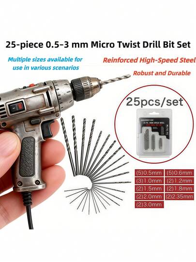 This 25-Piece Electric Drill Accessory Set Includes 0.5-3mm Spiral Drill Bits And 25 Micro Drill Bits (Excluding The Drill Itself), Along With A High-Speed Steel Round Shank Twist Drill, Suitable For Precision Drilling Of Metal, Wood, And Plastic Bracelets.