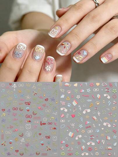 2pcs Cartoon Line Art Cute Girl Style Embossed Nail Art Stickers, Heart, Bow, Star, Flower, Music Note Designs, 5D Delicate Stickers, Suitable For Easter, Music Festival, Wedding Season, Carnival Theme, Easy To Apply For Nail Decoration, DIY, Holiday Gift, Y2K