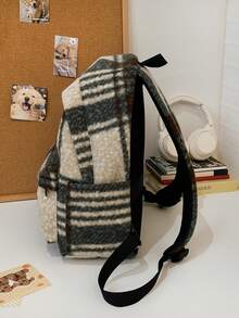 Women's Functional Backpack, British Style Bookbag, Retro Plaid Wool Felt Backpack, Versatile For Students And Daily Use - Green - View 6