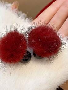 Andkiss 1 Đôi bông tai đính đá giả ngọc trai và lông thú bằng nhựa, thanh lịch và thời trang cho mùa thu/đông. - quả cầu bông - Xem 5