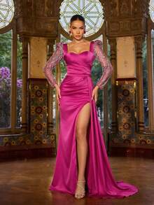 Faeriesty Rochie maxi elegantă pentru femei, cu mânecă lungă, guler inimă - Rochie asimetrică cu drapat lateral și crăpătură înaltă la tiv, material satinat cu mărgele strălucitoare și paiete, siluetă mulată, design la spate pătrat | Potrivită pentru petreceri de sărbători, Revelion, gale formale, nunți, ținute de vară pentru sărbători - Roz fierbinte - Vizualizare 5