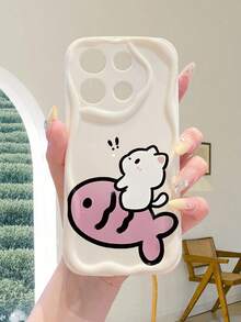 1 pieza Funda de teléfono con protección de lente gruesa antirraídas, con textura de mármol crema y patrón minimalista de pez y gato, compatible con iPhone, Redmi, OPPO, Vivo/Transsion, una opción de moda y protección - Blanco - Ver 2