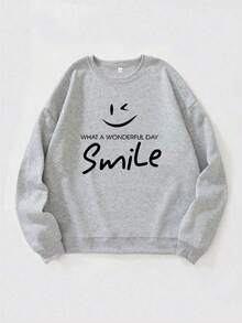 女士休闲长袖圆领卫衣，印花图案，面料柔软舒适，可机洗，春秋季上衣，套头连帽衫，时尚宽松版型