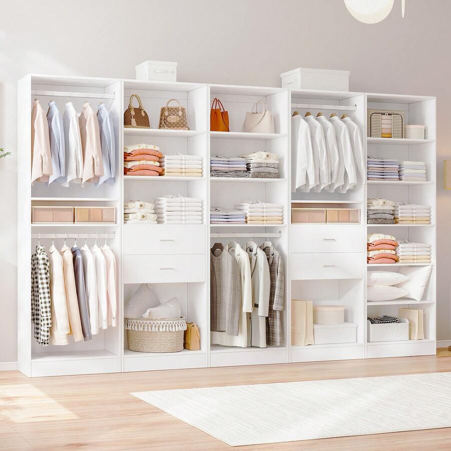 VOWNER Modular Closet System With Drawers, 24.8" Closet Organizer With Hanging Rods & Shelves, 5 Styles, Walk-In Tall Storage Cabinet Unit, Wood Wardrobe Organizer For Entry, Bedroom, Living Room - 白色 - 查看 1