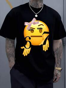 Emoticon 67 Digital Printed T Shirt 220g 1Pcs  Graphic Men's Casual Short Sleeve 100% Cotton Tee  Face With Bow - Black - View 8