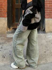 Quần jeans nữ ống rộng cạp cao phong cách retro - Quần thường ngày kiểu đường phố. - màu xanh lá - Xem 6