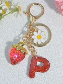 1 pezzo Portachiavi a forma di lettera con fragola rossa, ciondolo floreale carino, portachiavi minimalista per borsa, regalo per donne - Rosso - Visualizzare 9
