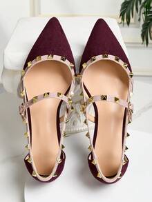 复古红色铆钉尖头休闲平底鞋，时尚撞色拼接镂空设计，百搭女鞋，适合所有季节 - 復古紅色 - 查看 3