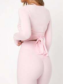 Ballet Wrap Tops For Women Y2K Long Sleeve Ballet Pilates Yoga Wrap Tie Back Tops Deep V Neck Cross Wrap Workout Gym Shirts Cardigan - 粉色 - 查看 3