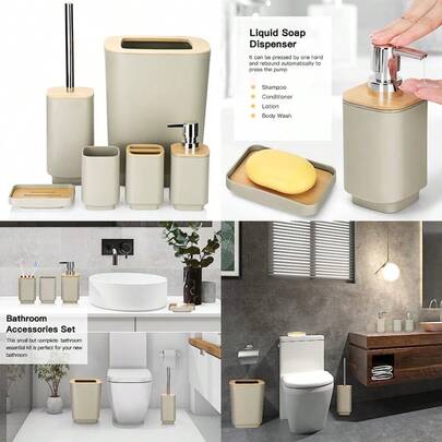 JOTOM Bamboo Bathroom Accessories Set Of 6 Modern Design 6 Pieces Bathroom Accessory Set Soap Dispenser Toothbrush Holder Tooth Mug Soap Dish Toilet Brush Rubbish For Bathroom Home Decor Beige