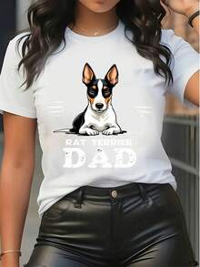 Rat Terrier Dad Graphic Print T - Shirt Women's Casual Crew Neck Short Sleeve Top Cute Dog Lovers Tee For Daily Wear - 白色 - 查看 6