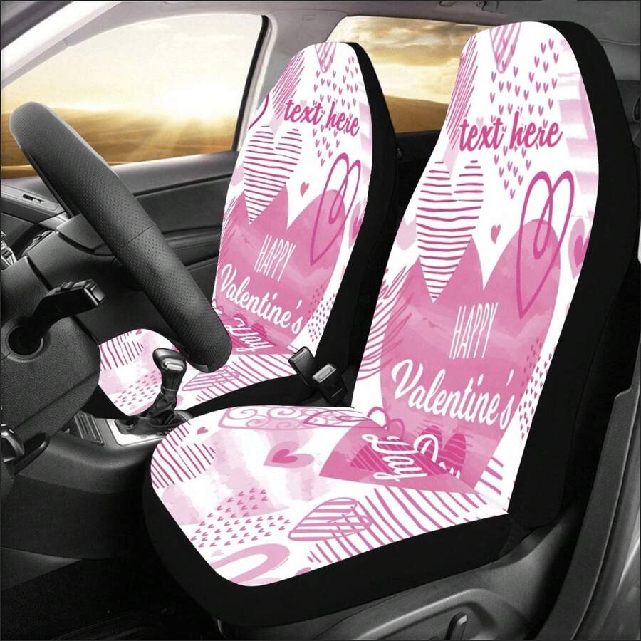Custom Name Happy Valentine's Day Pink Heart Car Seat Covers, 2Pcs Universal Fit Front Seats Protective Covers For Women Girls, Personalized Romantic Auto Interior Decor - A - Xem 1
