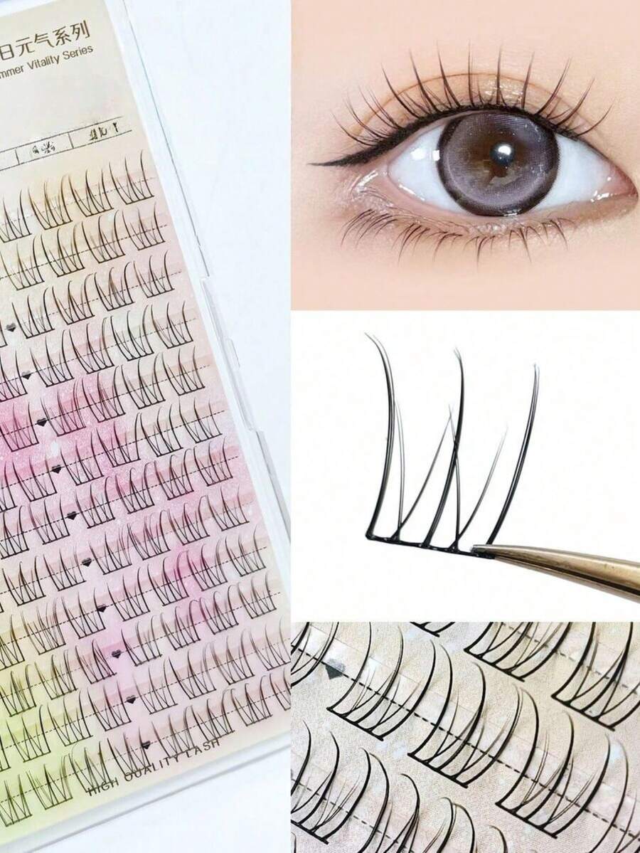 96 Blooms Star Lash Partial False Eyelashes, Semi-Realistic Series, Slouchy 3 Pieces Set, Suitable For Beginners, Natural Individual Lashes, Suitable For Beginners And Daily Use, Cosplay, Anime-Style False Eyelashes - Black - View 1