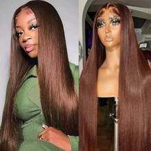 34英寸 200%密度 13x4蕾丝前额假发 #4棕色直发混纺真人发假发 预先拔毛 13x4高清透明蕾丝前额假发 女士款 - 棕色 - 查看 6