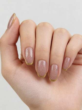 24pcs Press On Nails Short French Nails Y2k Pink Nails Oval Ombre Glitter Geometry Stripes Foil Print Pattern Simple Reusable Press On Acrylic Nails Fake Nails Supplies Free Of 24 Pieces Of Jelly Tabs And A Mini File