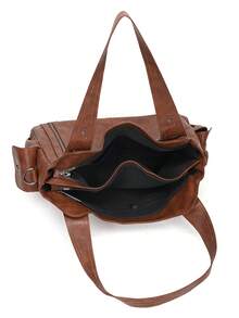 防水商务休闲PU手提包，多口袋设计，带隔层，多功能单肩斜挎包，适合年轻女孩、女大学生、白领和职场新人，完美适用于工作、商务通勤、购物、户外旅行和上学，大容量女包 - 棕色 - 查看 3