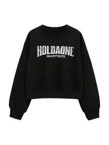 Women's Casual Fashionable Minimalist Outdoor Sports Sweatshirt And Pants Set, Autumn/Winter - Black - View 3