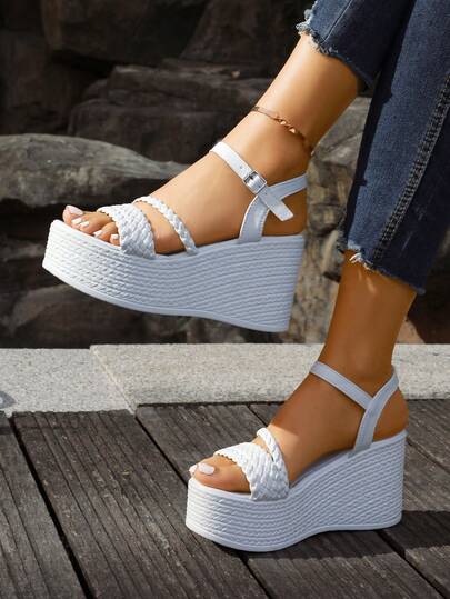 Spring New Women's Thick Sole Wedge Sandals, Fashion Beach Woven Buckle Sexy Elegant High Heel Sandals