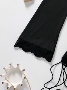 1件女士高品质牛奶丝V领撞色蕾丝套头荷叶边长袖连衣裙，春秋季 - 黑色 - 查看 8