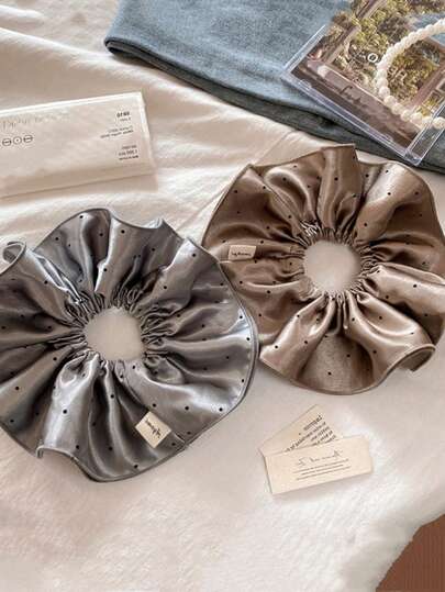 2pcs Women's Elegant Satin Polka Dot Pleated High Elasticity Khaki Hair Scrunchies, Suitable For Daily Use, Home, School, Beach, Work, Party, Holiday, Birthday, Back To School, College Style, New Year, Valentine's Day, Mother's Day, Wedding, Music Festival, Spring/Summer/Autumn/Winter