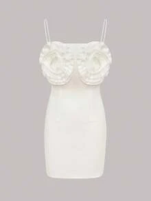 1pc Solid Color Sexy 3D Floral Party Dress, Suitable For Party, Birthday, Evening Date, Valentine's Day - White - View 1