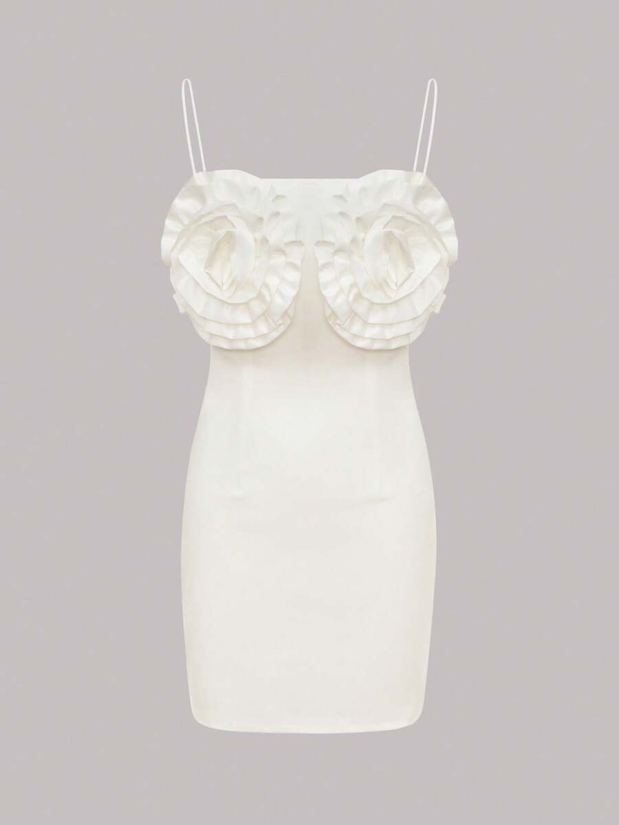 1pc Solid Color Sexy 3D Floral Party Dress, Suitable For Party, Birthday, Evening Date, Valentine's Day - White - View 1