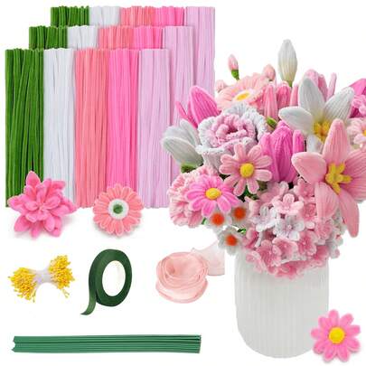 472/672pcs Fabric And Plastic Multi-Colored Bouquet Craft Kit With Tutorial Video- DIY Pipe Cleaner Flower Making Supplies For Tulip Lily Tulip Lavender Flower, Purple Pink Blue Golden Chenille Stem Creation Set, Ideal For Birthday Gifts Mother's Day Gift