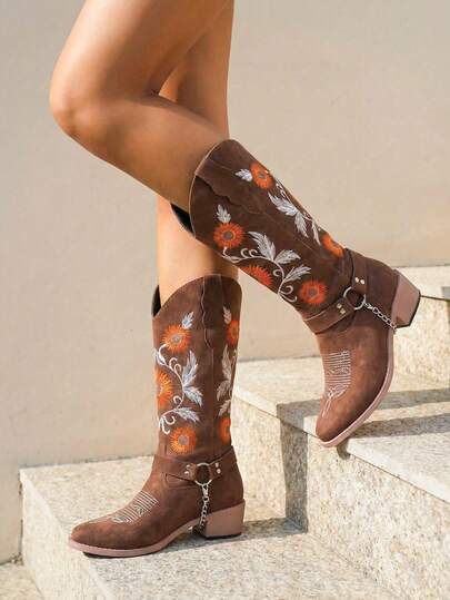 planare Botas de motocicleta de punta puntiaguda con bordado de moda casual para mujer, estilo occidental, tacón grueso, color marrón, para otoño/invierno, fiesta