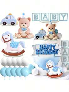 1 Set Blue Bear Cake Toppers, Blue & Gold Ball Cake Decorations, Baby Christening Birthday Cake Decor, Baby Shower Cake Decor, Reusable (Do Not Directly Contact The Cake, Please Use With White Tube And Tray, Do Not Touch The Surface Of The Ball) - Multicolor - View 3