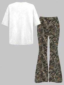 Teen Girls' Casual Fashion Street Style Numeric & Tree Print Loose Fit White T-Shirt And Flare Pants Set, Spring/Summer/Autumn - White - View 2