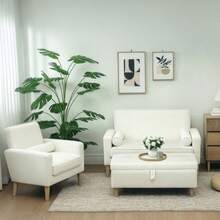 Upholstered Stool With Storage Space, Wooden Legs, Soft Fabric Cover, Cream White - Beige - View 1