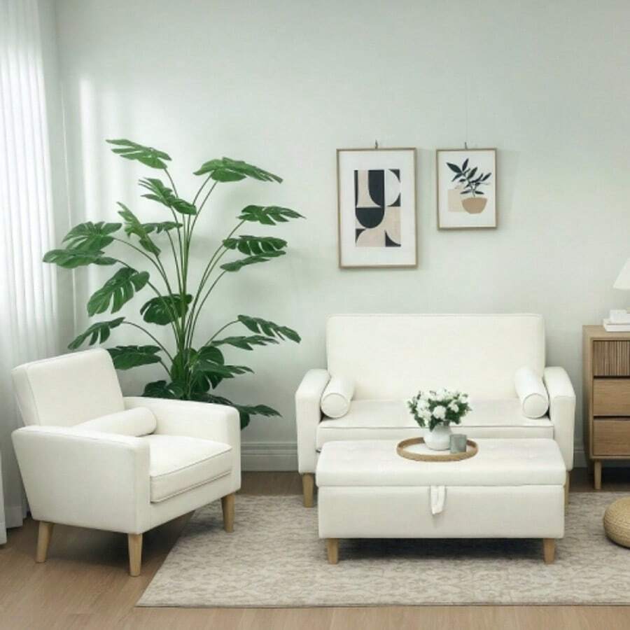 Upholstered Stool With Storage Space, Wooden Legs, Soft Fabric Cover, Cream White - Beige - View 1