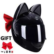 Women's Motorcycle Full Face Helmet With Cat Ears Design, Comes With Bow Accessory - Black - View 2