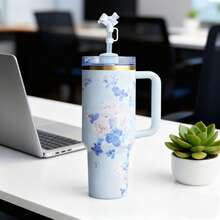 STANLEYO Modern 40oz Light Blue Floral Print Insulated Tumbler With Bow-Topped Straw, White Ergonomic Handle & Gold Accent, Stainless Steel Double-Wall Vacuum Cup For Desk Use, Travel, Daily Commute & Outdoor Activities, Best Christmas & Halloween Gift For Family & Friends - 淺藍色 - 查看 2