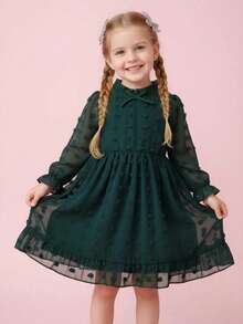 Young Girls' Long Sleeve Jacquard Bow Casual Dress, Autumn/Spring - Green - View 7