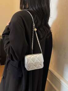 Primavera e Verão, Simples e Versátil, Textura de Alta Qualidade, Alça de Corrente de Bola de Ouro com Bordado de Strass, Pode Ser Usado sobre o Ombro e Axila, Mini Bolsa para Batom - Prata - Visão 2