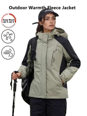 Women's Outdoor Fleece Jacket, Windproof Waterproof Warm Fleece Winter Ski Jacket, Mountain Windproof Hooded Jacket With Multiple Pockets